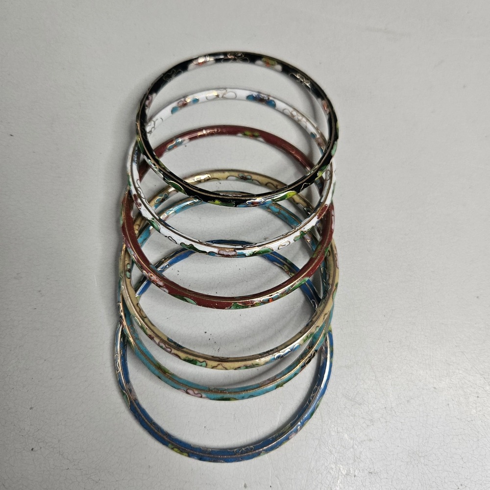 Vintage Cloisonne Enamel Floral Bangle Bracelets Set of 6 Multicolor Stackable